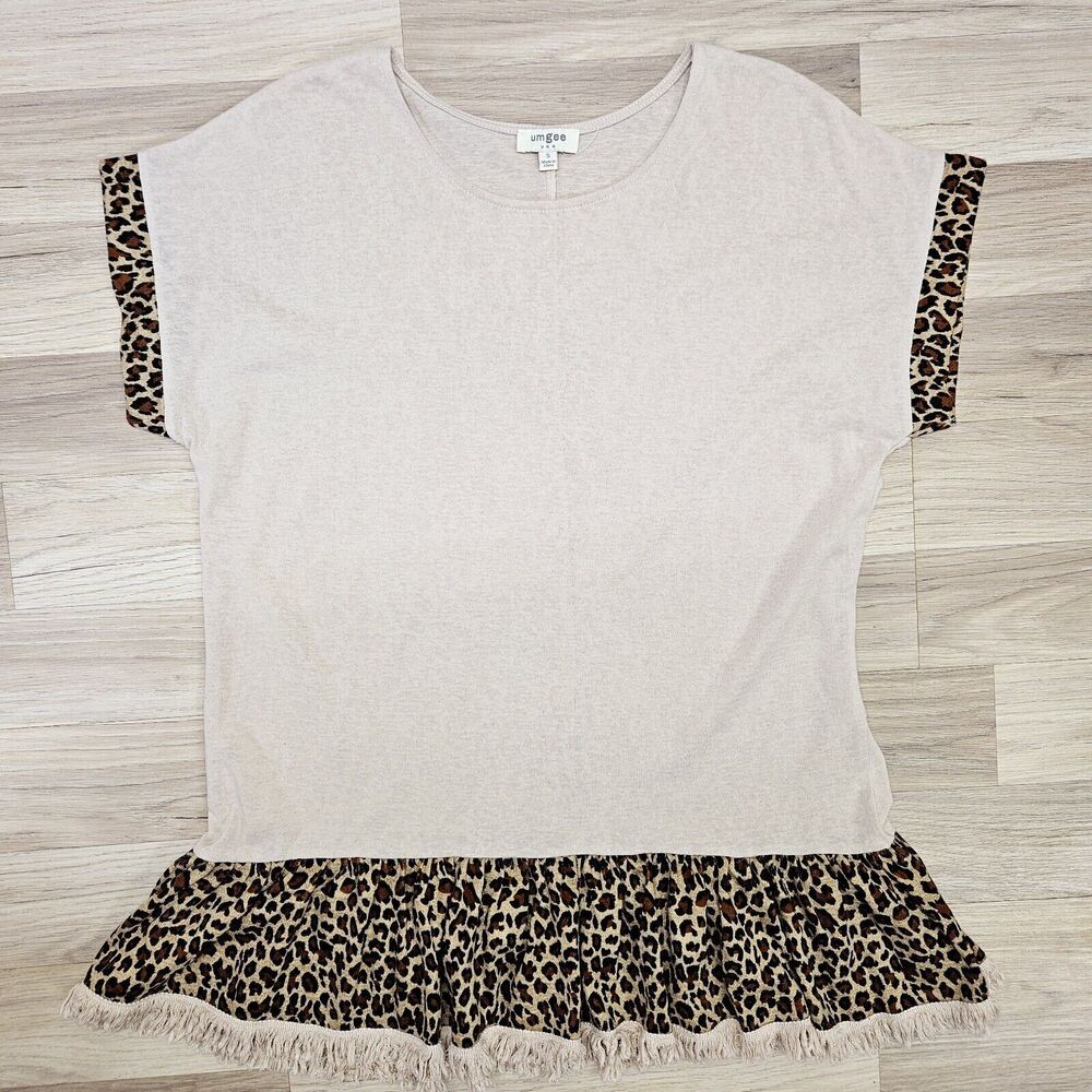 Umgee Womens Tan Animal Print Leopard Trim Cotton Blouse Small Casual
